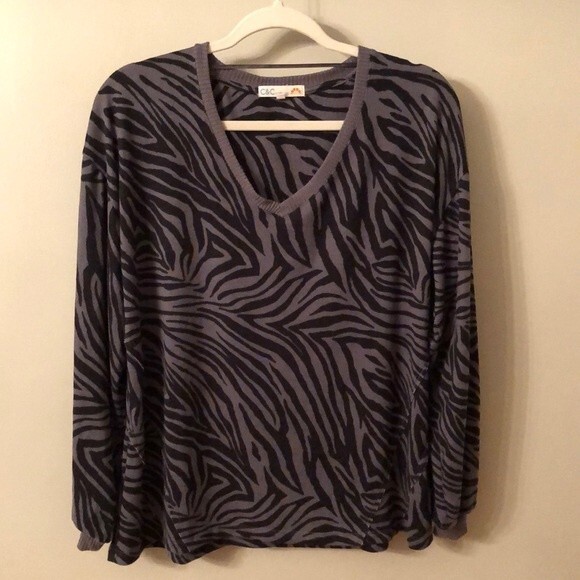 C&C California Large Gray Black V Neck Long Sleeve Lightweight zebra Sweater - Picture 2 of 9